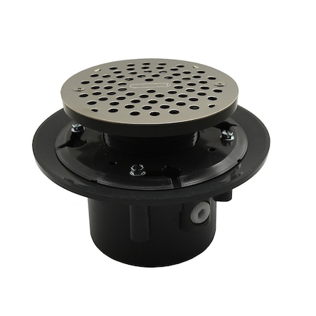 Jones Stephens 3in. x 4in. Heavy Duty PVC Drain Base with 4in. Plastic Spud and 6in. Stainless Steel Strainer D49177